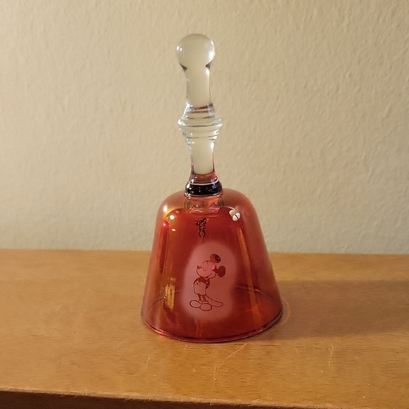 Disney Mickey Mouse Motif On Red Glass Bell With Clear Glass Handle - Picture 1 of 4